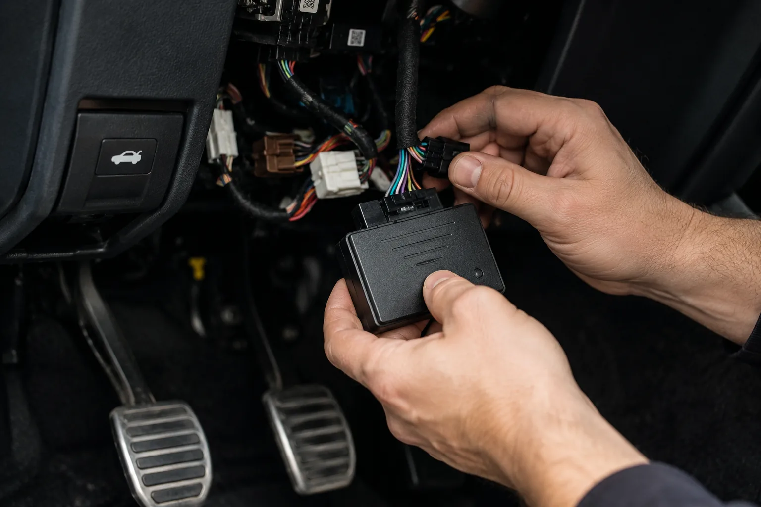 Hands fitting a CANbus immobiliser inside a vehicle